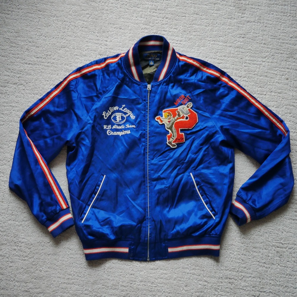 Polo Ralph Lauren Mens Blue Satin Tigers Eastern League Bomber Jacket Medium
